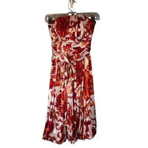 Red & White Strapless Floral Formal Belted Waist Knee Length Dress Women Sz S
